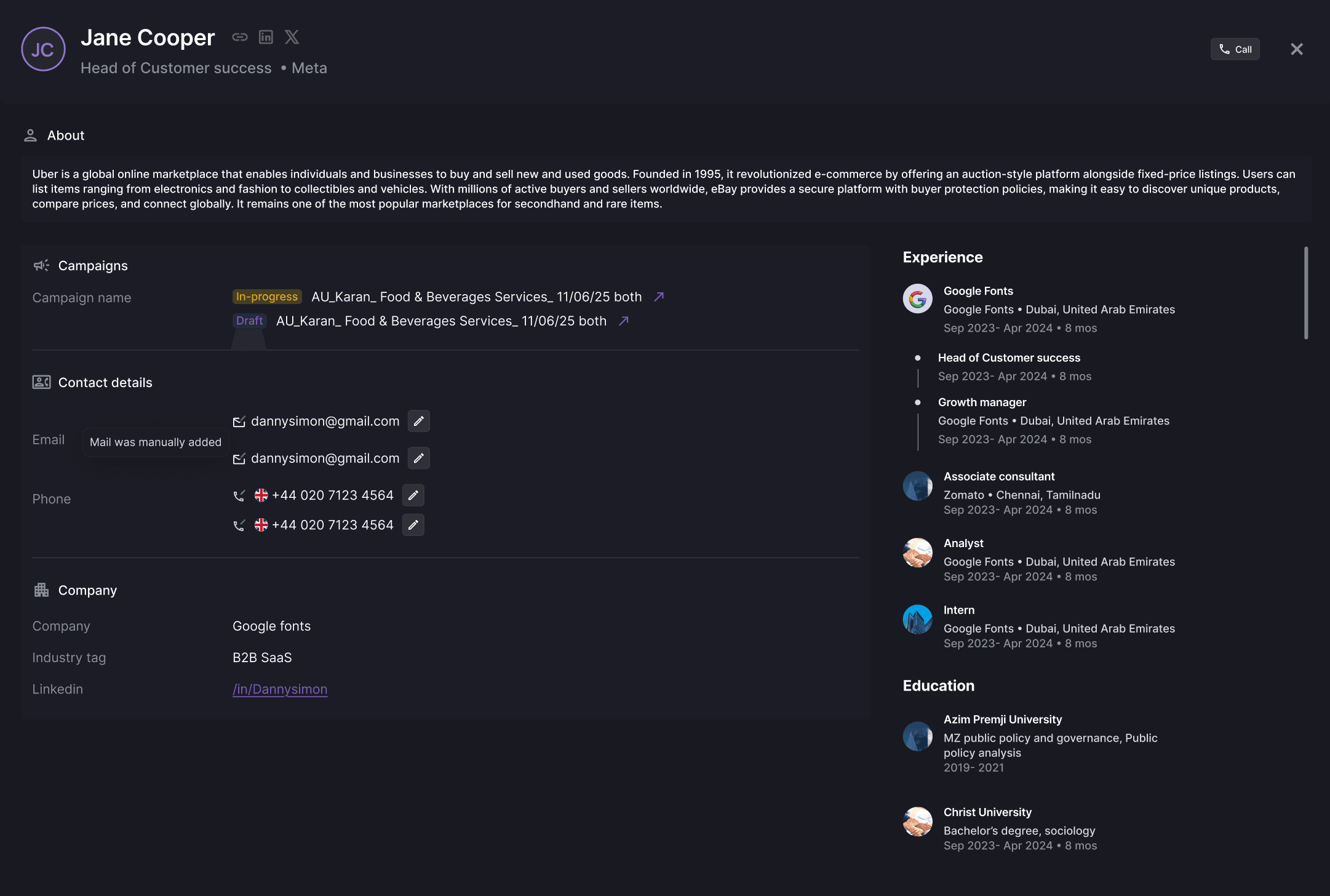 OXO contact profile with campaign, company and experience context