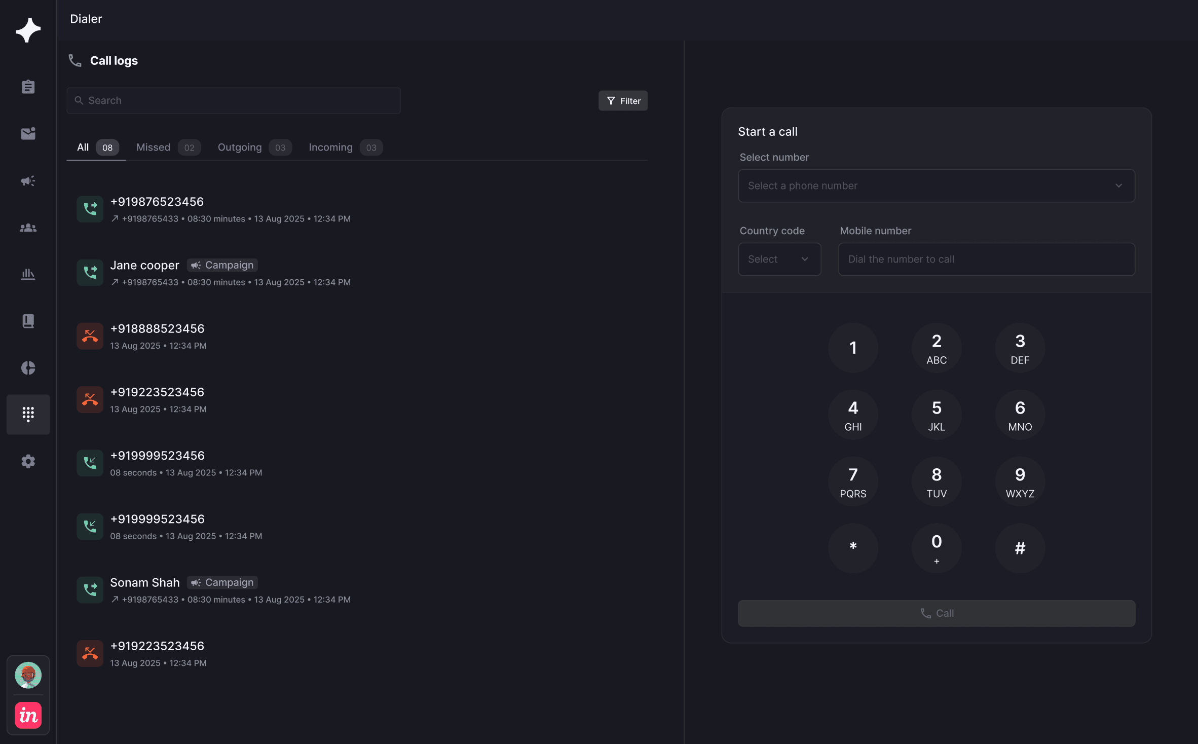 OXO sales dialer and call log